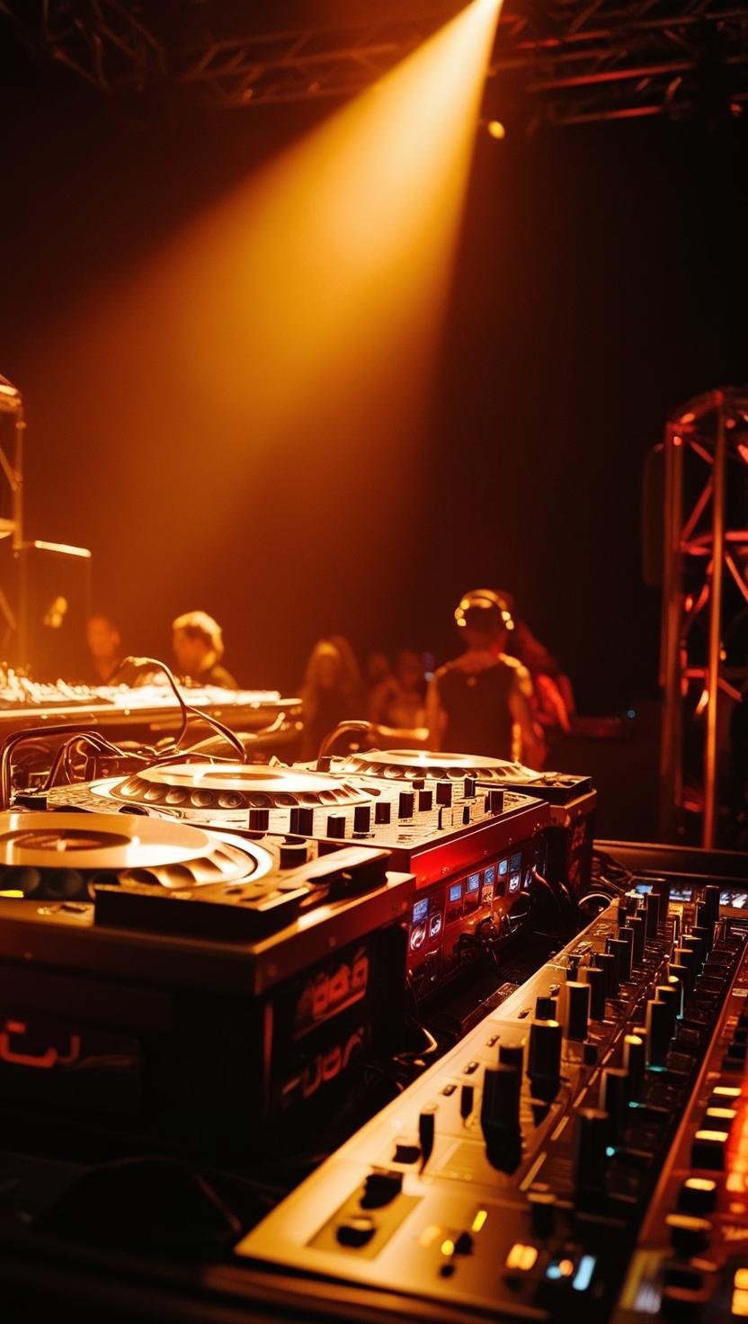 effetti di luci maestosi in un evento dentro sfondo nero, toni gialli o meglio gold, focus zoom sulla postazione da dj (2)